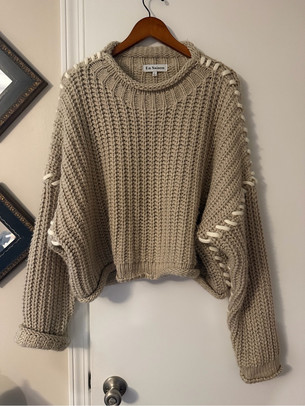 En Saison Chunky Knit Crewneck Sweater - Beige whipstitch